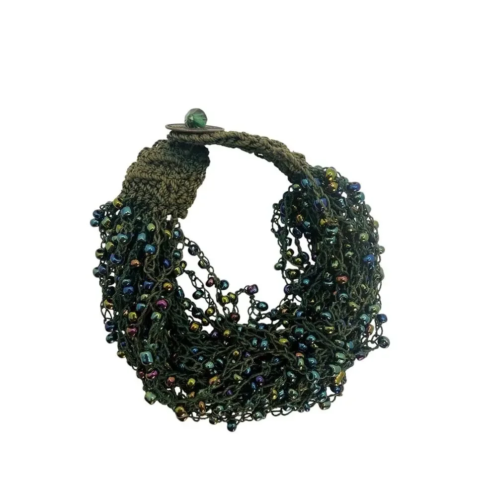 Multistrand Green Beaded Wrap Bracelet with Iridescent Beads